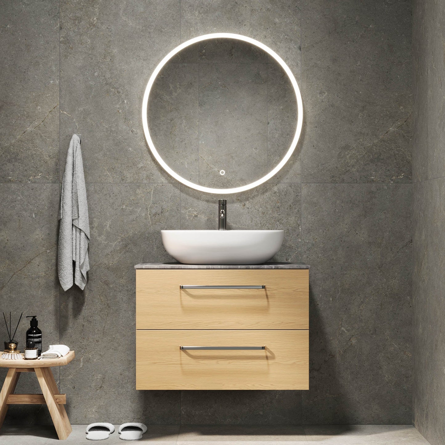 Badrumsmöbel med klassisk Fronter - 80x46x56 cm - ek - bänkskiva i melamin med betonglook - Vinderup