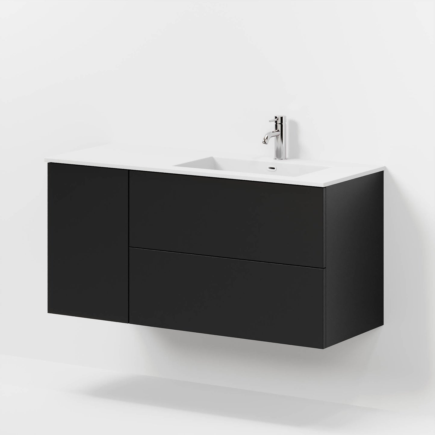Badrumsmöbel med klassisk Fronter - 115x46x57 cm - matt svart - högerställd solid surface tvättställ - Viborg