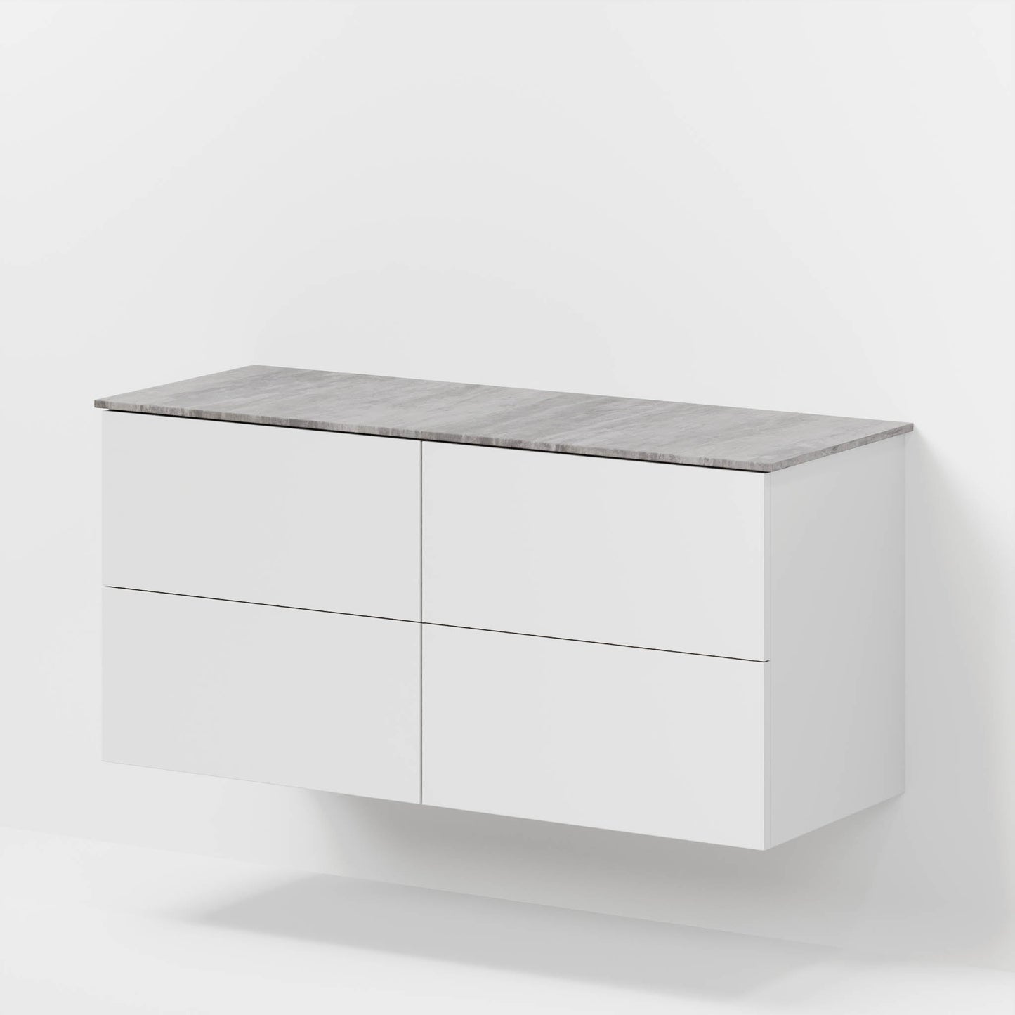 Badrumsmöbel med klassisk Fronter - 120x46x56 cm - Matt vit - melaminbänkskiva i betonglook för dubbelt tvättställ - Vinderup