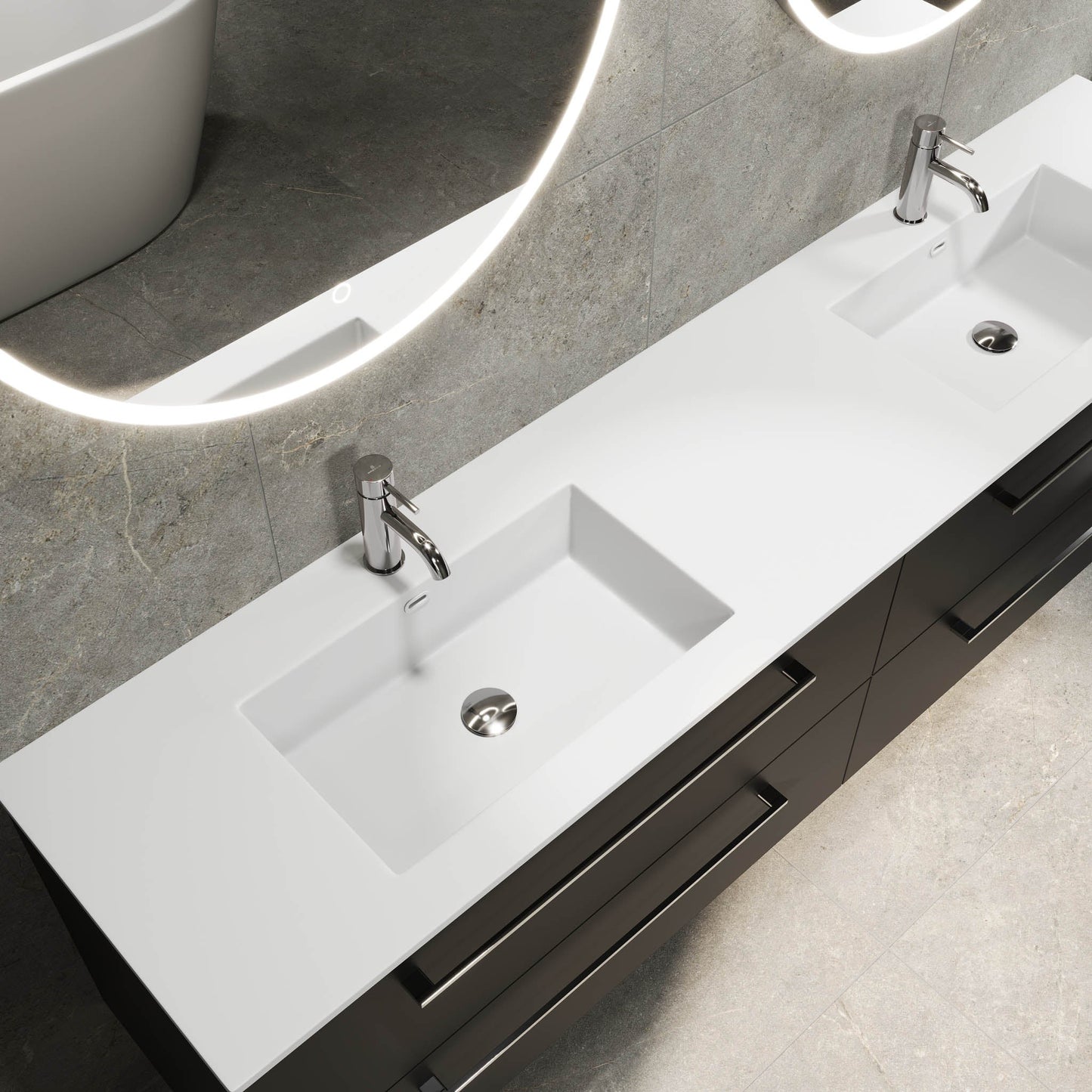 Badrumsmöbel med klassisk Fronter - 200x46x57 cm - mattsvart - solid surface dubbelt handfat - Viborg