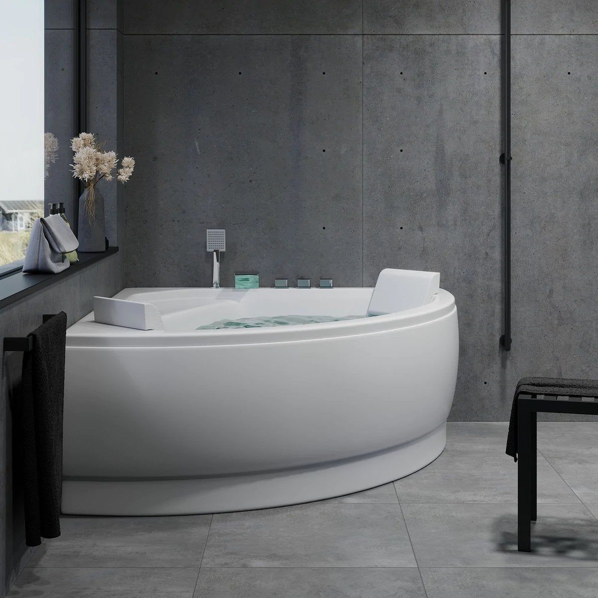 Hörnbubbelbadkar - luft- och vattenmassage - 140x140x58 cm - med värme - vit - Ulstrup