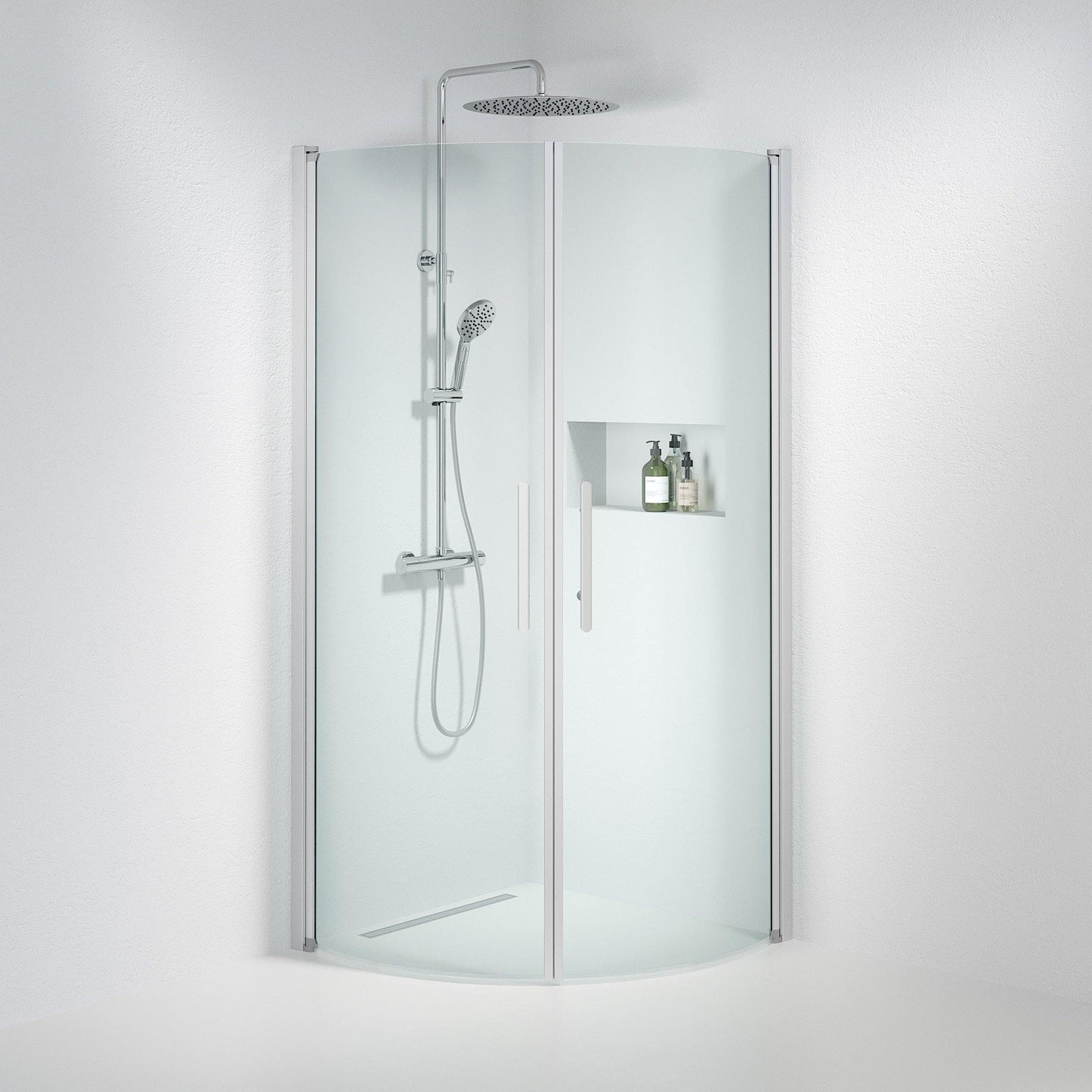 Duschhörna halvrund 80x80x198 cm - 6 mm klart nanoglas - borstad aluminiumprofil - Vänern
