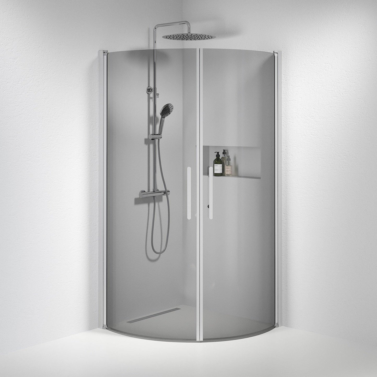 Duschhörna halvrund 100x100x198 cm - 6 mm rökfärgat nanoglas - borstad aluminiumprofil - Vänern