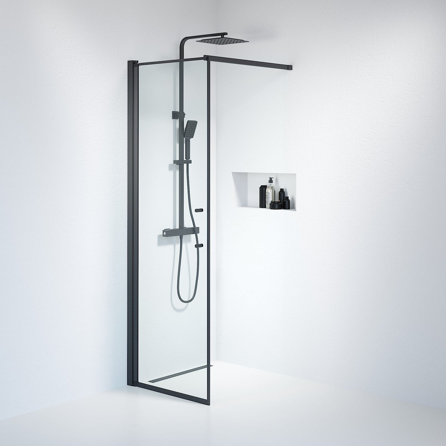 Fast duschvägg med stabiliseringsstag 80x198 cm - 6 mm klart nanoglas - svart profil - Vänern