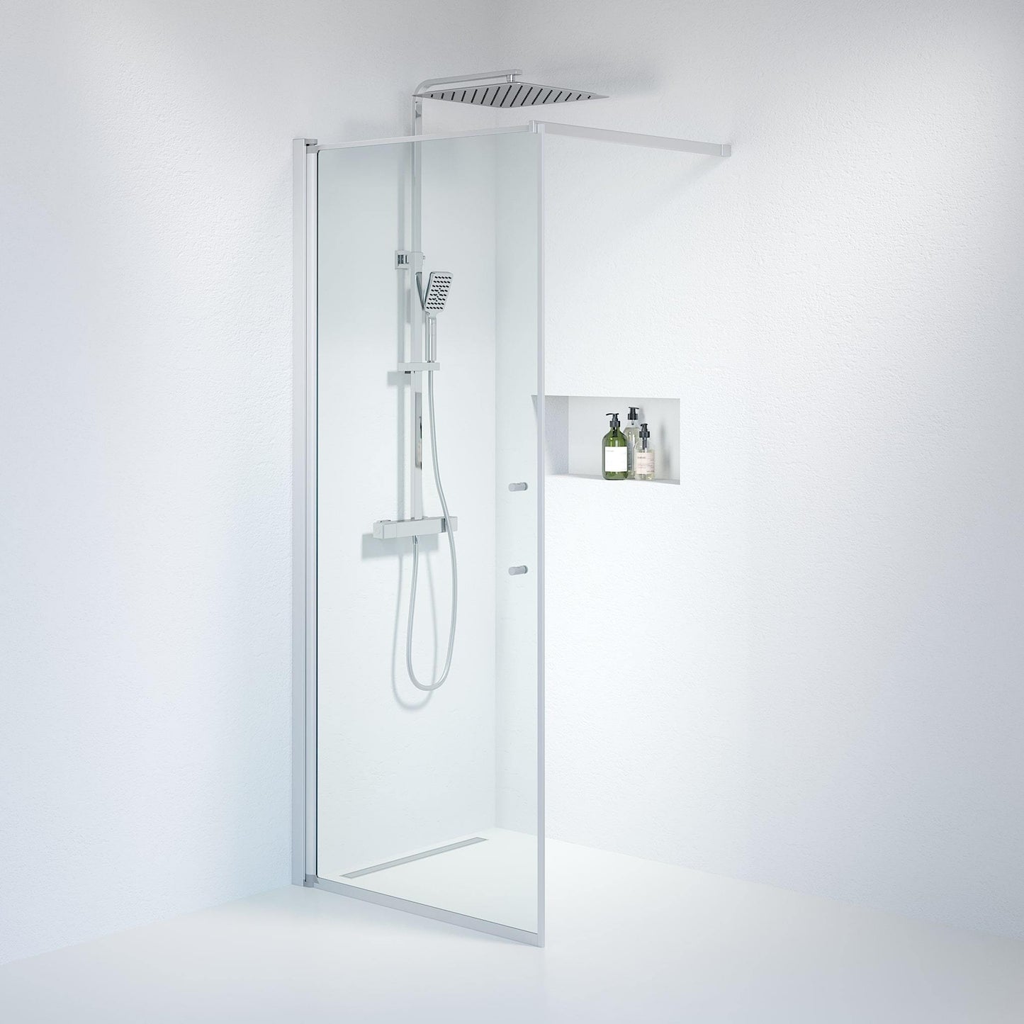 Fast duschvägg med stabiliseringsstag 80x198 cm - 6 mm klart nanoglas - borstad aluminiumprofil - Vänern
