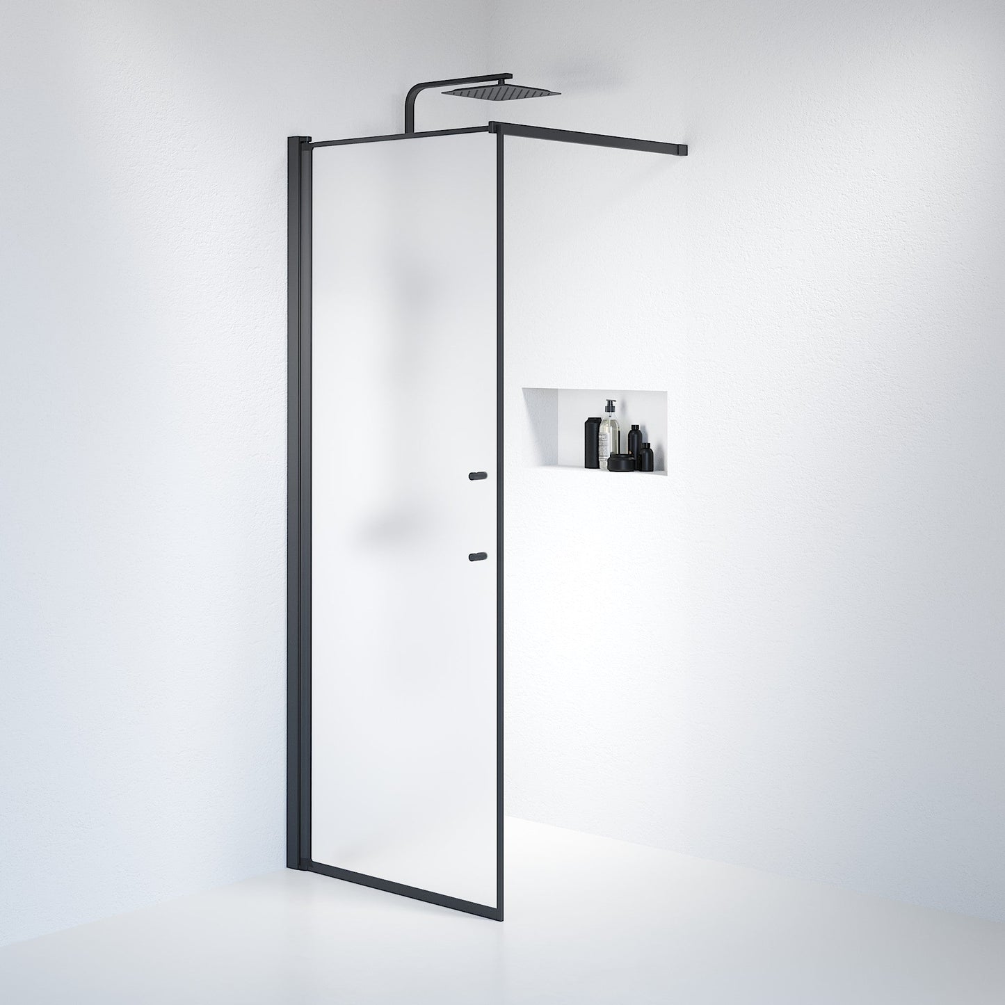 Fast duschvägg med stabiliseringsstag 90x198 cm - 6 mm frostat nanoglas - svart profil - Vänern