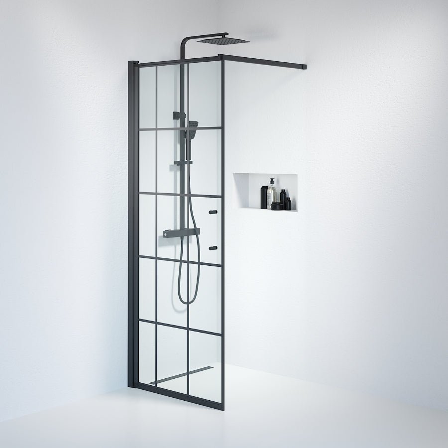 Fast duschvägg med stabiliseringsstag 90x198 cm - 6 mm klart nanoglas med svarta spröjs - svart profil - Vänern