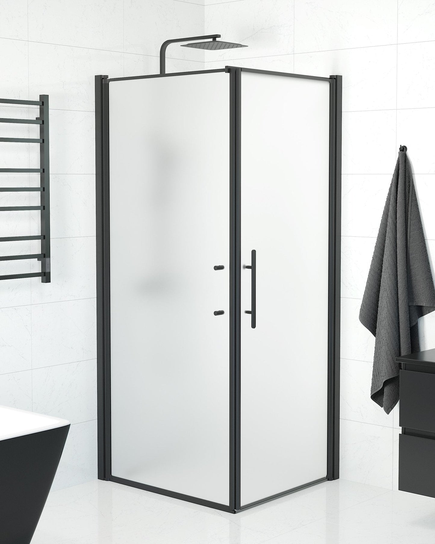 Duschhörna med fast vägg och dörr - 90x70x198 cm - 6 mm frostat nanoglas - svart profil - Vänern