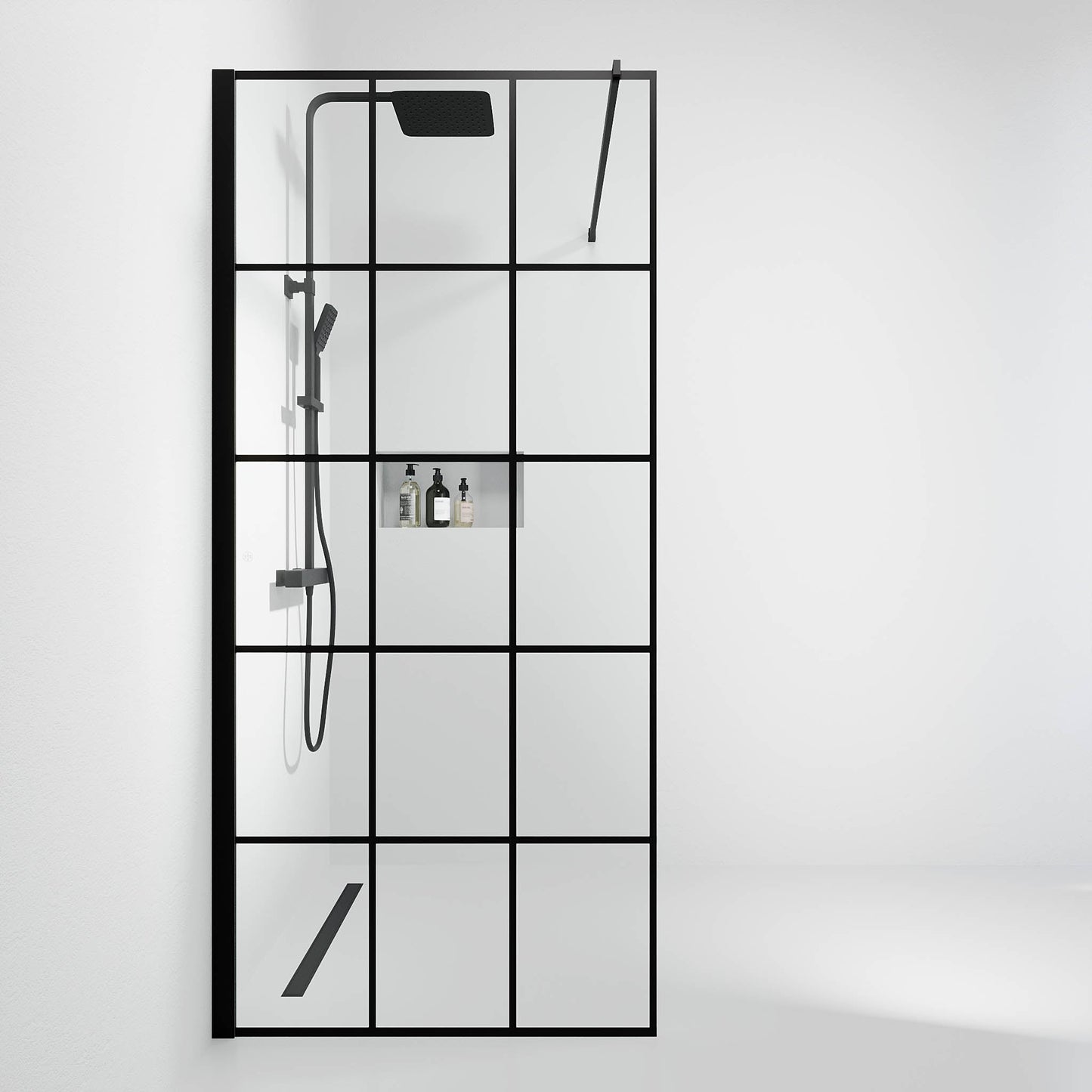 Fast duschvägg med stabiliseringsstag 90x195 cm - 5 mm klart nanoglas med svarta stänger - svart profil - Sandefjord