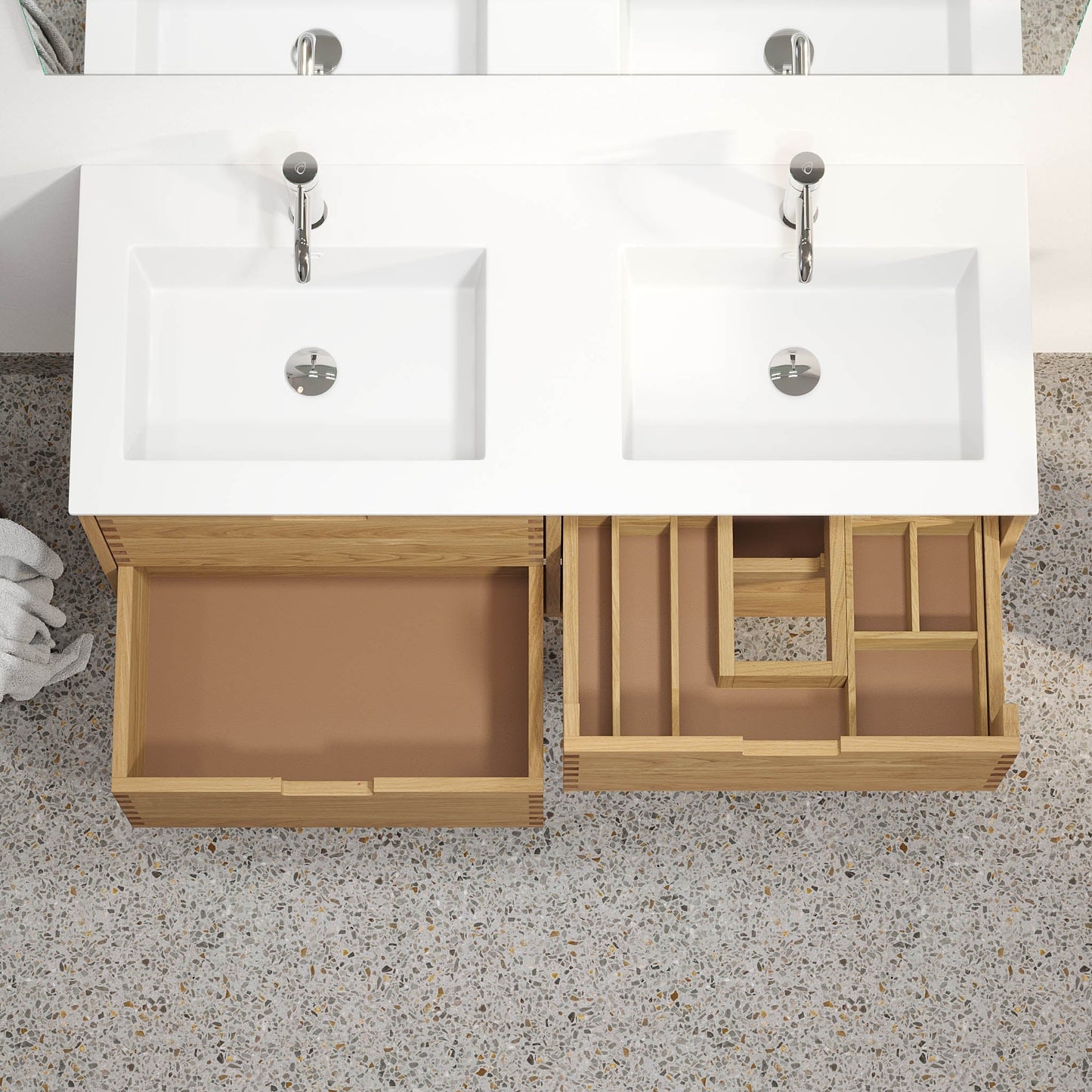 Badrumsmöbel i massiv ek - 2 lådor med fingerskarv - 60x46x57 cm - oljad ek - tvättställ i solid surface - Egeskov