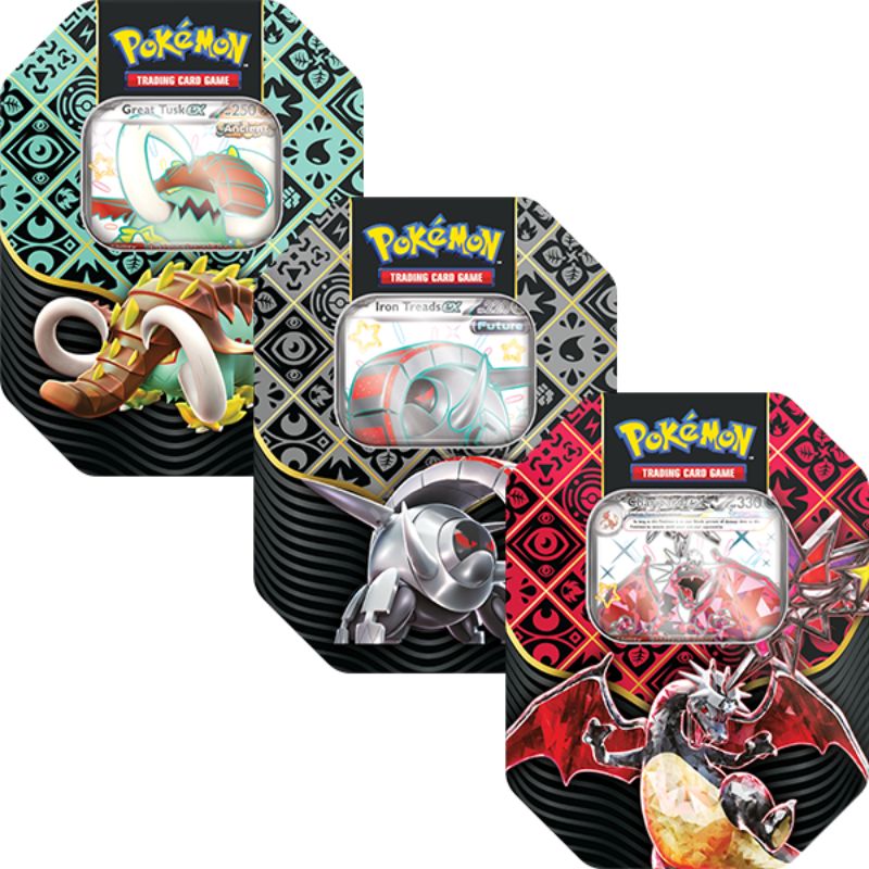 Pokémon Scarlet & Violet 4.5: 3x Paldean Fates Tin (Charizard, Great Tusk & Iron Treads)