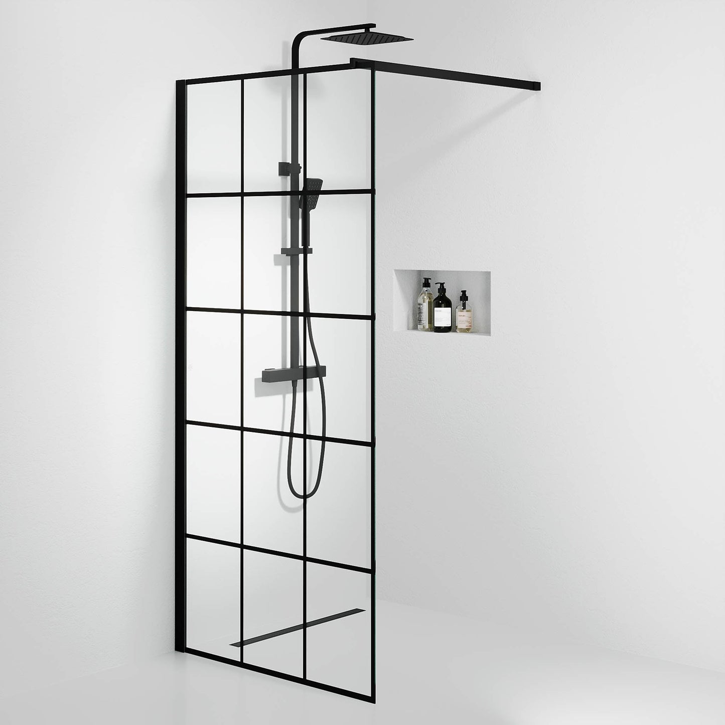 Fast duschvägg med stabiliseringsstag 90x195 cm - 5 mm klart nanoglas med svarta stänger - svart profil - Sandefjord