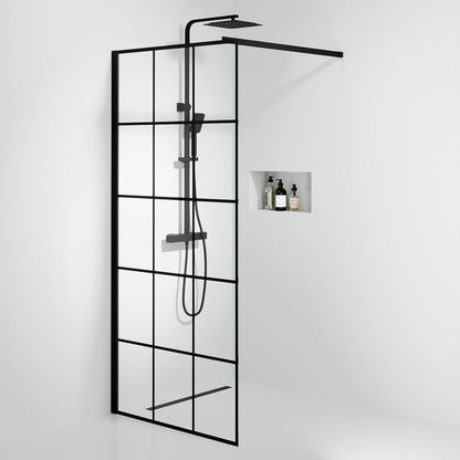 Fast duschvägg med stabiliseringsstag 90x195 cm - 5 mm klart nanoglas med svarta stänger - svart profil - Sandefjord