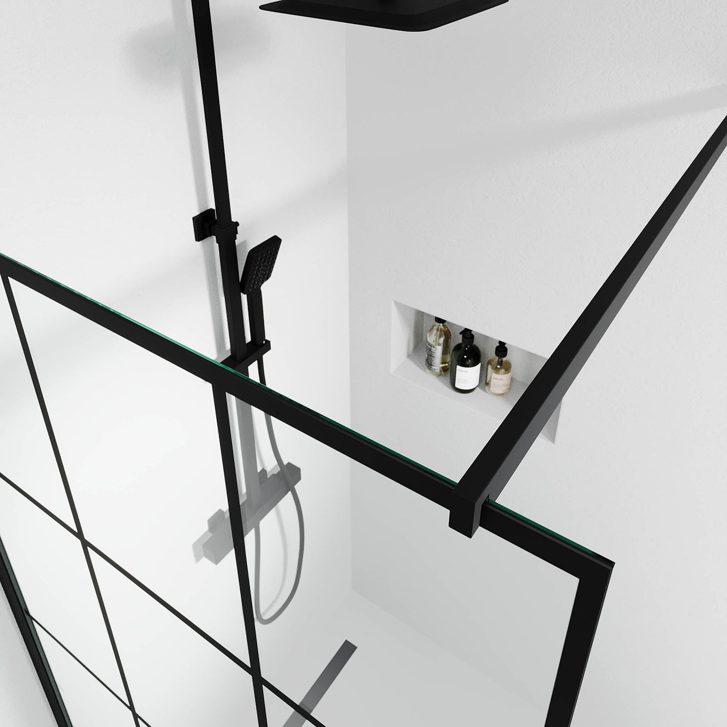 Fast duschvägg med stabiliseringsstag 90x195 cm - 5 mm klart nanoglas med svarta stänger - svart profil - Sandefjord