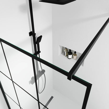 Fast duschvägg med stabiliseringsstag 90x195 cm - 5 mm klart nanoglas med svarta stänger - svart profil - Sandefjord