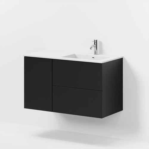 Badrumsmöbel med klassisk Fronter – 95x46x57 cm – matt svart – högerställd solid surface tvättställ – Viborg