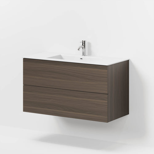 Badrumsmöbel med klassisk Fronter - 100x46x57 cm - valnöt - solid surface tvättställ - Viborg