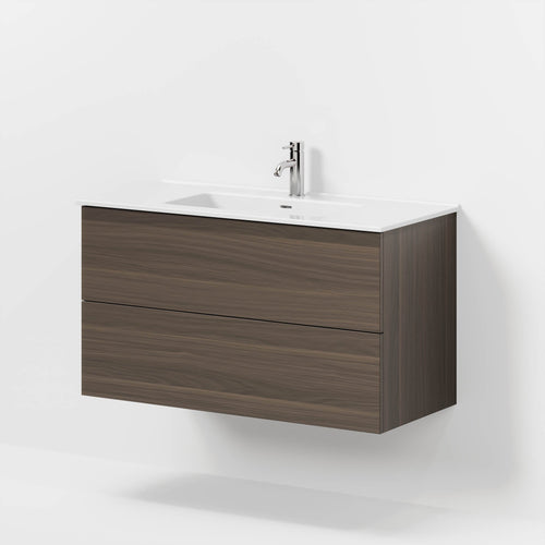 Badrumsmöbel med klassisk Fronter - 100x46x57 cm - valnöt - Porslin dubbelt tvättställ - Vestbjerg