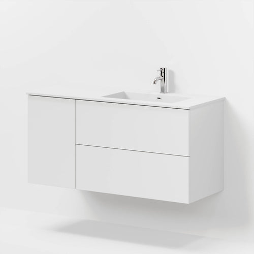 Badrumsmöbel med klassisk Fronter - 115x46x57 cm - matt vit - högerställd solid surface tvättställ - Viborg