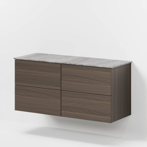Badrumsmöbel med klassisk Fronter - 120x46x56 cm - valnöt - melaminbänkskiva i betonglook för dubbelt tvättställ - Vinderup
