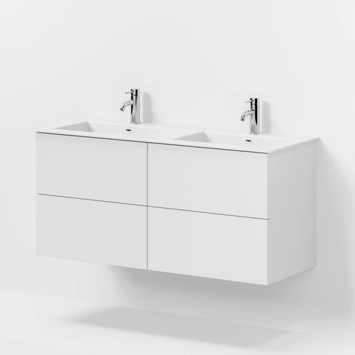 Badrumsmöbel med klassisk Fronter - 120x46x57 cm - Matt vit - solid surface dubbeltvättställ - Viborg