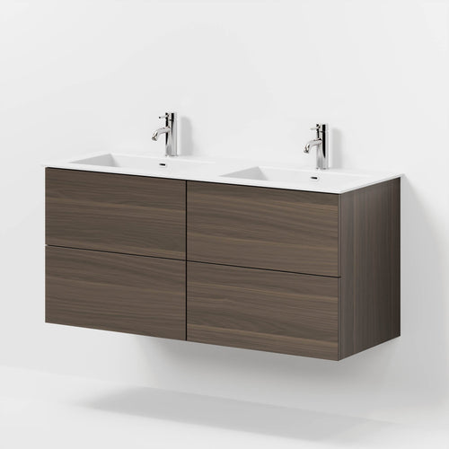 Badrumsmöbel med klassisk Fronter - 120x46x57 cm - valnöt - solid surface dubbelt handfat - Viborg