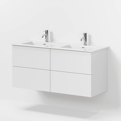 Badrumsmöbel med klassisk Fronter - 120x46x57 cm - Matt vit - Porslin dubbelt tvättställ - Vestbjerg