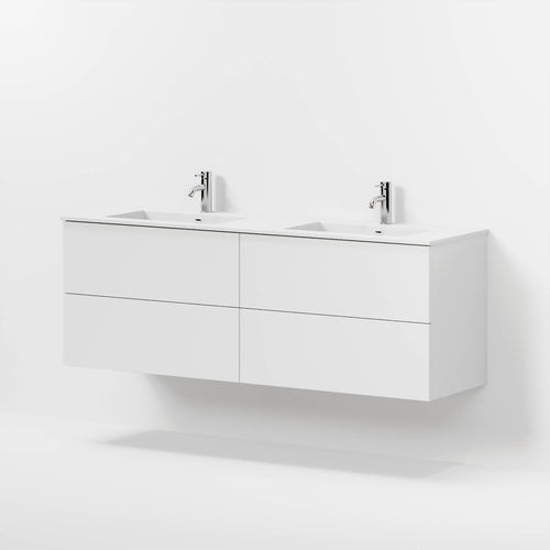 Badrumsmöbel med klassisk Fronter - 160x46x57 cm - matt vit - solid surface dubbelt handfat - Viborg
