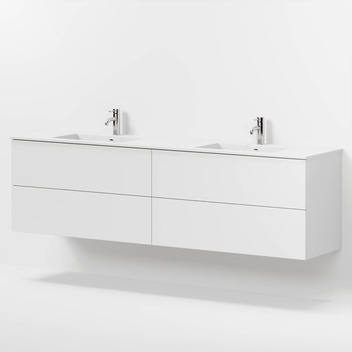 Badrumsmöbel med klassisk Fronter - 200x46x57 cm - Matt vit - solid surface dubbeltvättställ - Viborg