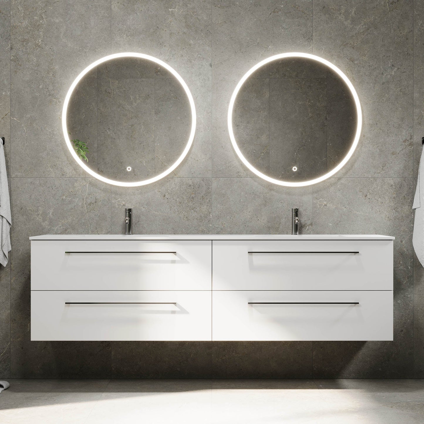 Badrumsmöbel med klassisk Fronter - 200x46x57 cm - Matt vit - solid surface dubbeltvättställ - Viborg