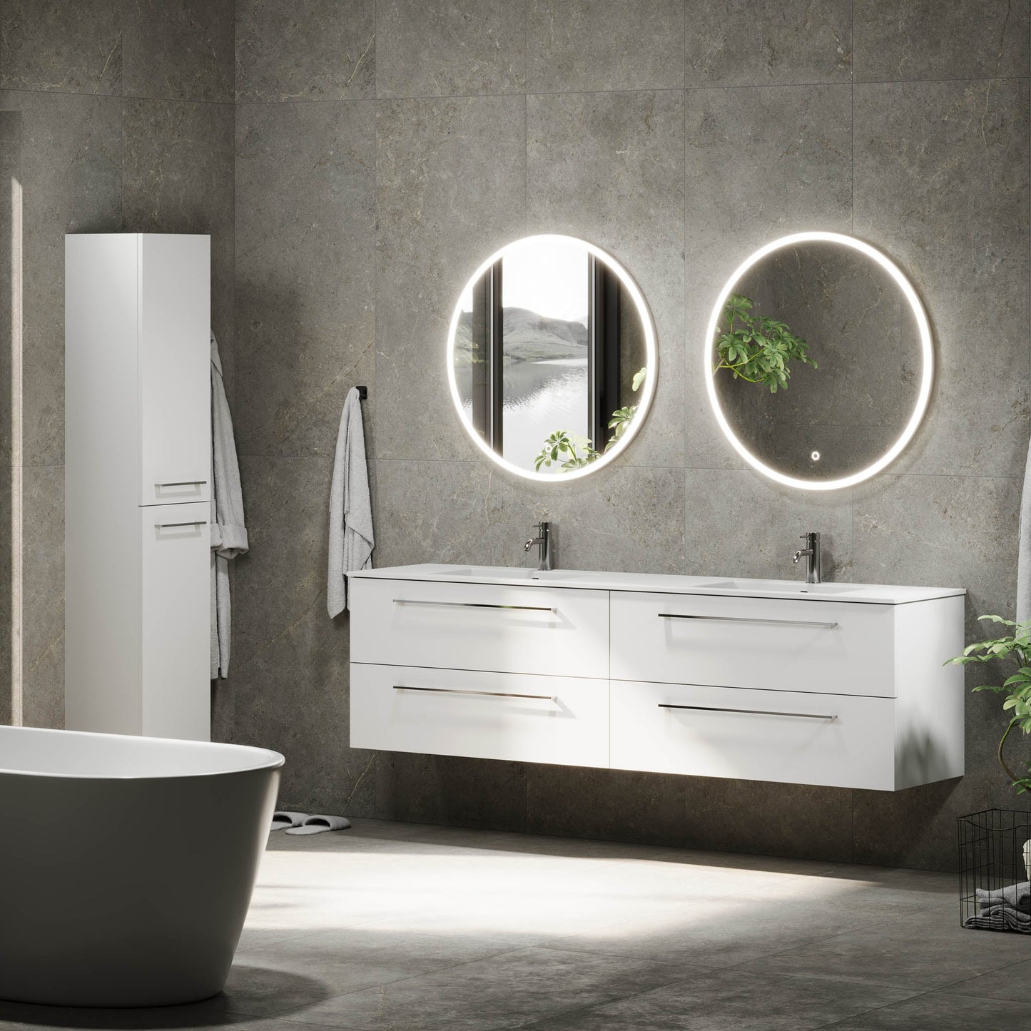 Badrumsmöbel med klassisk Fronter - 200x46x57 cm - Matt vit - solid surface dubbeltvättställ - Viborg