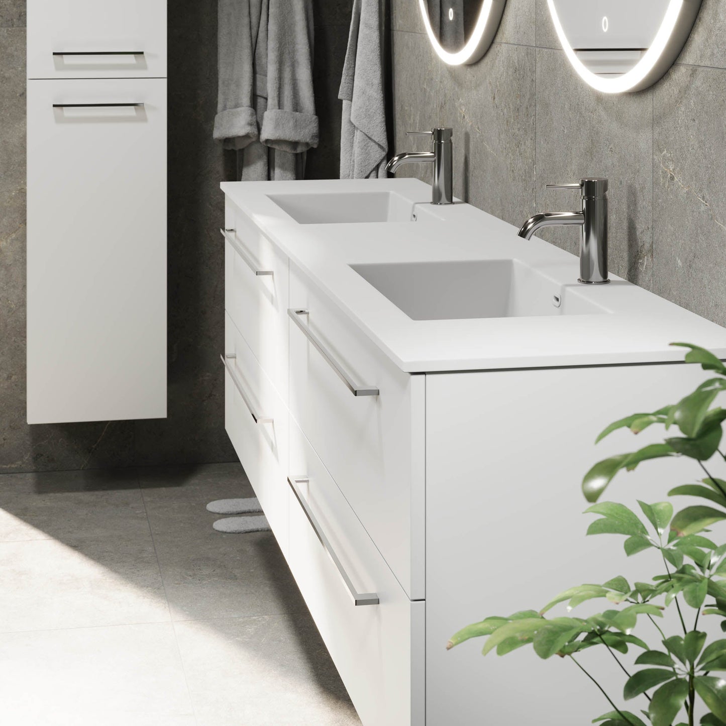 Badrumsmöbel med klassisk Fronter - 200x46x57 cm - Matt vit - solid surface dubbeltvättställ - Viborg