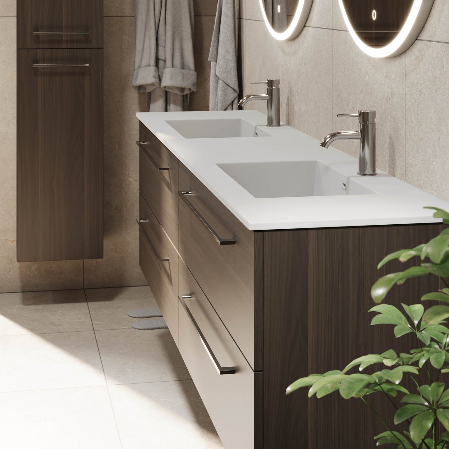 Badrumsmöbel med klassisk Fronter - 200x46x57 cm - valnöt - solid surface dubbelt handfat - Viborg