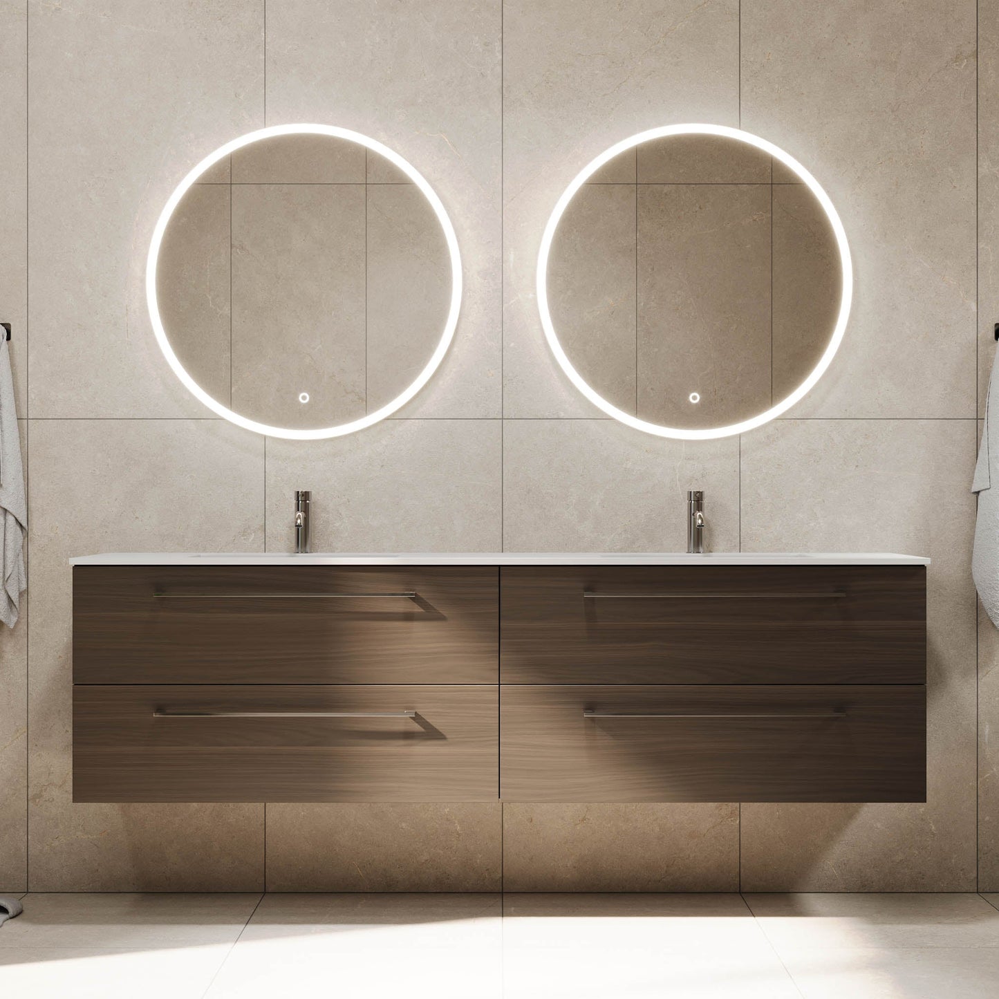 Badrumsmöbel med klassisk Fronter - 200x46x57 cm - valnöt - solid surface dubbelt handfat - Viborg