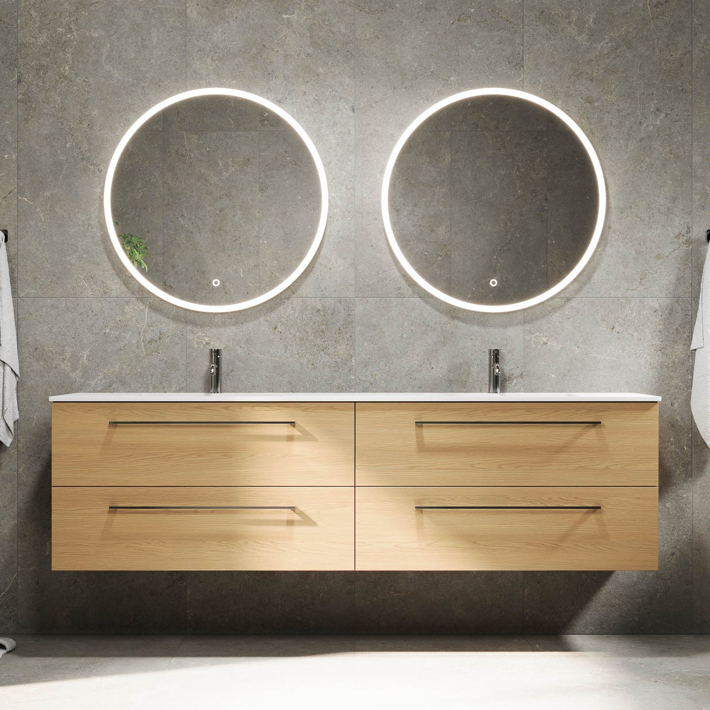 Badrumsmöbel med klassisk Fronter - 200x46x57 cm - ek - solid surface dubbelt handfat - Viborg