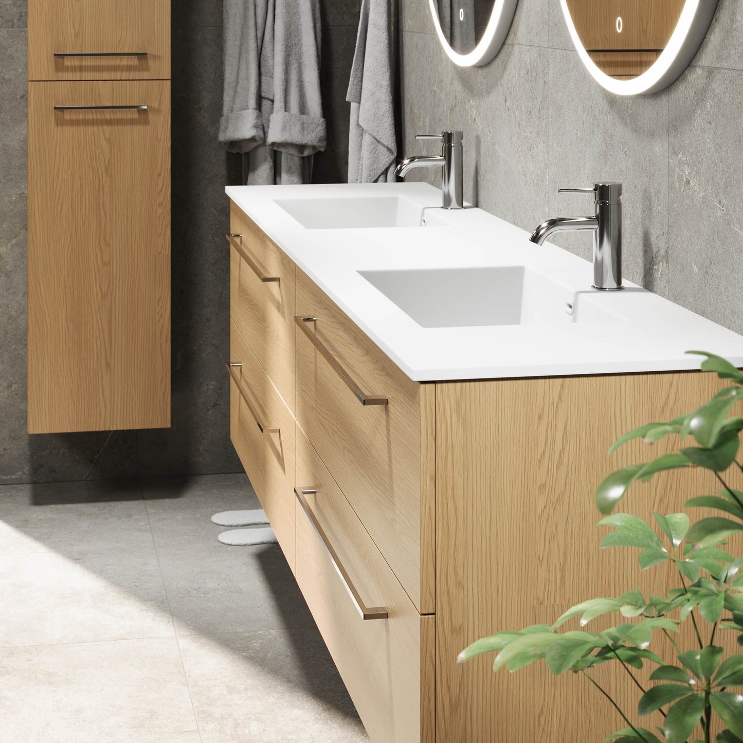 Badrumsmöbel med klassisk Fronter - 200x46x57 cm - ek - solid surface dubbelt handfat - Viborg
