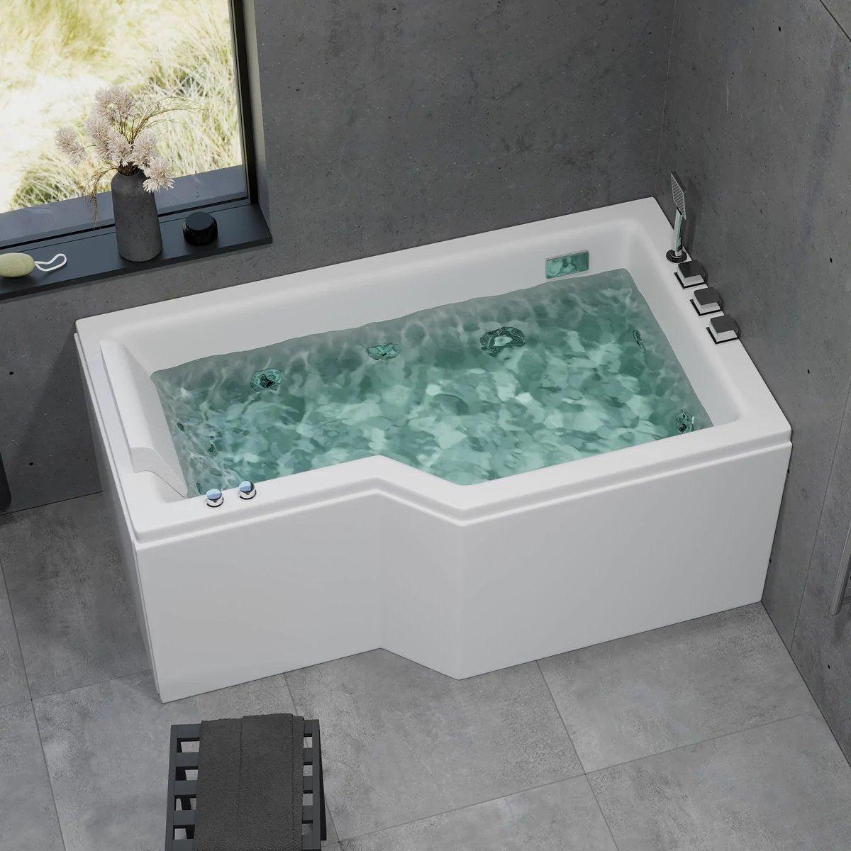 Asymmetriskt bubbelbadkar - luft- och vattenmassage - 150x85x63 cm - högervänd - med värme - vit - Ulstrup