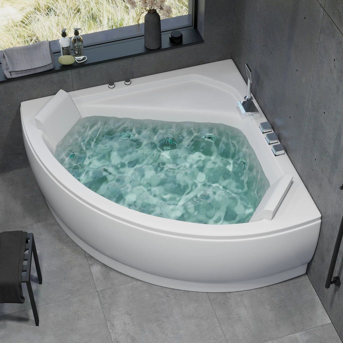 Hörnbubbelbadkar - luft- och vattenmassage - 130x130x58 cm - med värme - vit - Ulstrup