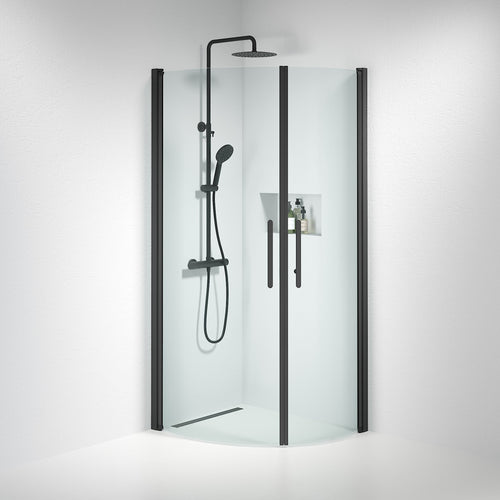 Duschhörna halvrund 70x100x198 cm - 6 mm klart nanoglas - svart profil - Vänern