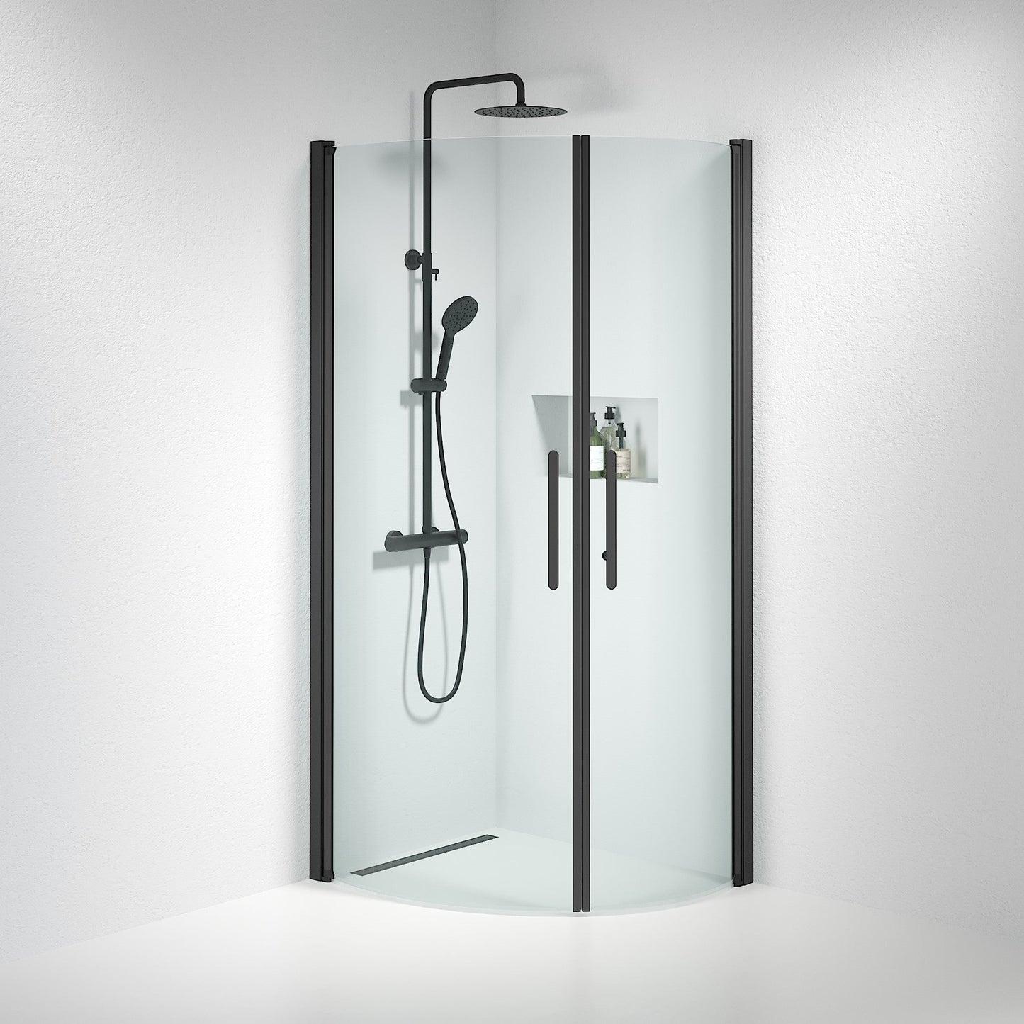 Duschhörna halvrund 70x100x198 cm - 6 mm klart nanoglas - svart profil - Vänern
