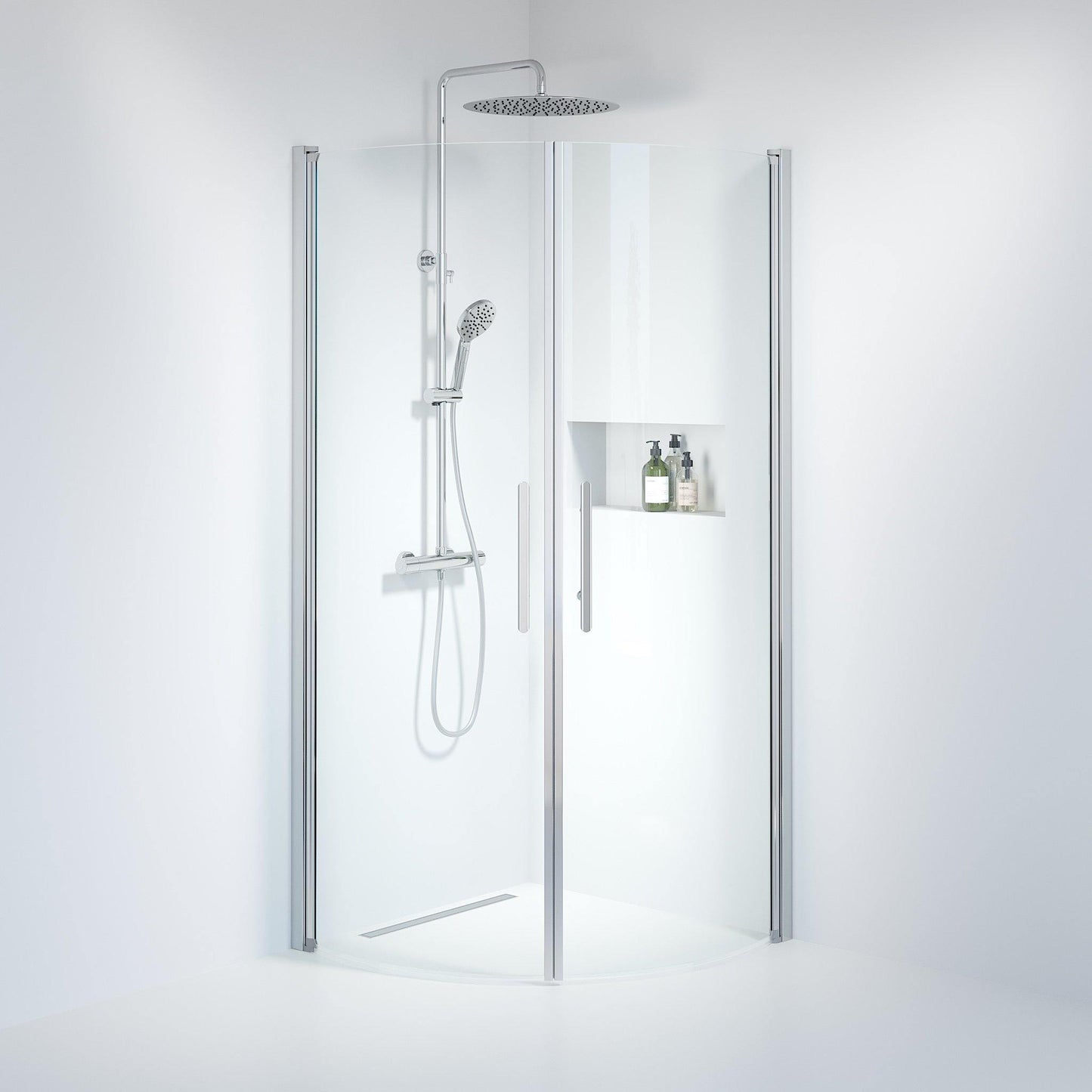 Duschhörna halvrund 70x100x198 cm - 6 mm klart nanoglas - kromprofil - Vänern