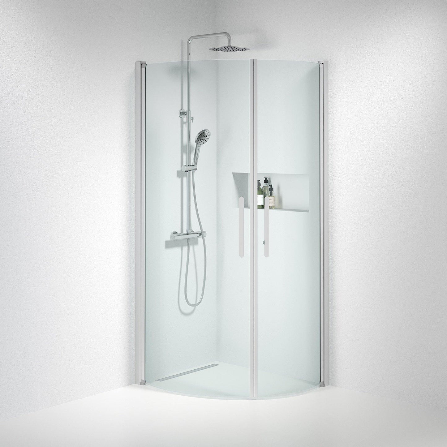Duschhörna halvrund 70x100x198 cm - 6 mm klart nanoglas - borstad aluminiumprofil - Vänern