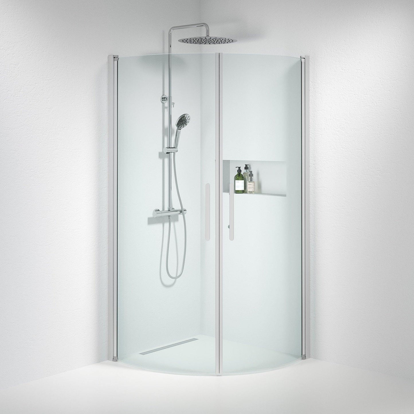 Duschhörna halvrund 70x100x198 cm - 6 mm klart nanoglas - borstad aluminiumprofil - Vänern
