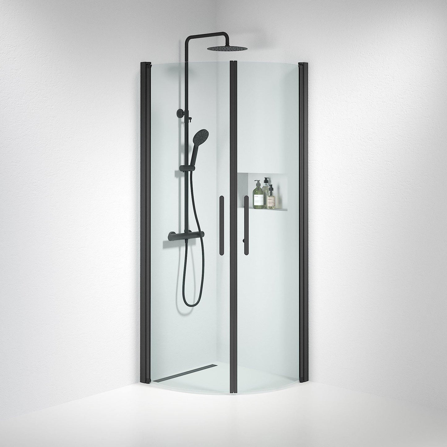 Duschhörna halvrund 70x80x198 cm - 6 mm klart nanoglas - svart profil - Vänern