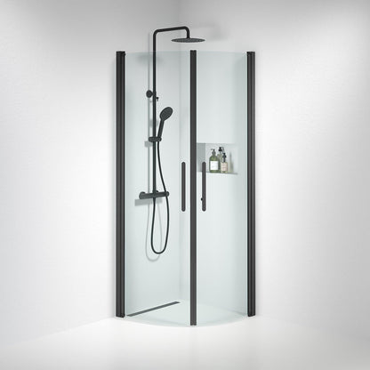 Duschhörna halvrund 70x80x198 cm - 6 mm klart nanoglas - svart profil - Vänern