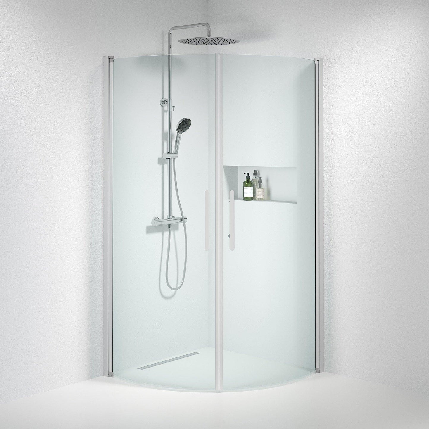 Duschhörna halvrund 70x80x198 cm - 6 mm klart nanoglas - borstad aluminiumprofil - Vänern