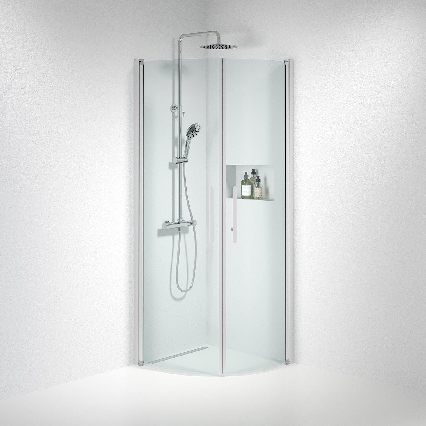 Duschhörna halvrund 70x80x198 cm - 6 mm klart nanoglas - borstad aluminiumprofil - Vänern