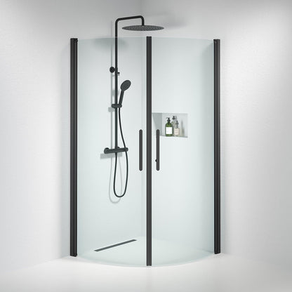 Duschhörna halvrund 70x90x198 cm - 6 mm klart nanoglas - svart profil - Vänern
