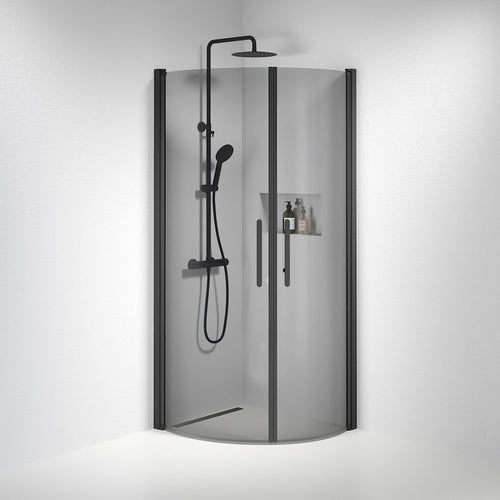 Duschhörna halvrund 70x90x198 cm - 6 mm rökfärgat nanoglas - svart profil - Vänern
