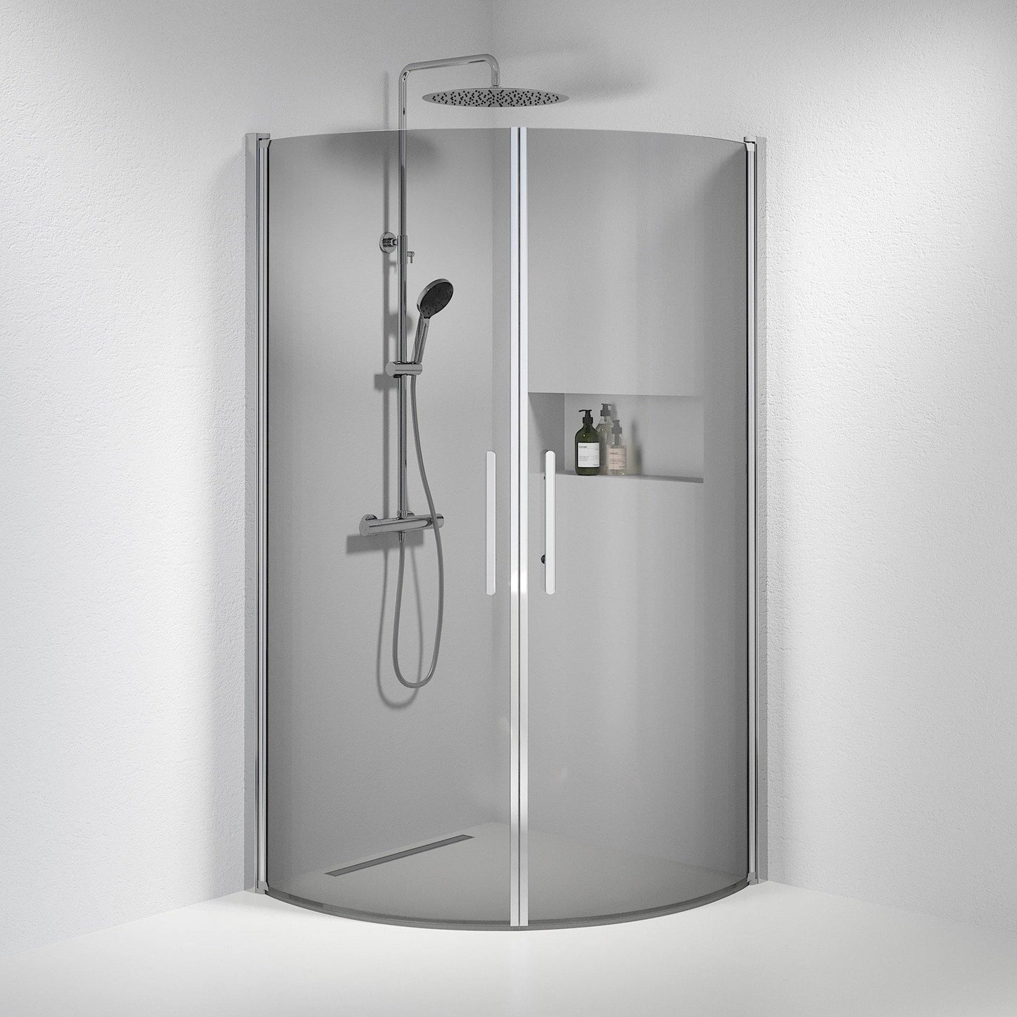 Duschhörna halvrund 70x90x198 cm - 6 mm rökfärgat nanoglas - kromprofil - Vänern
